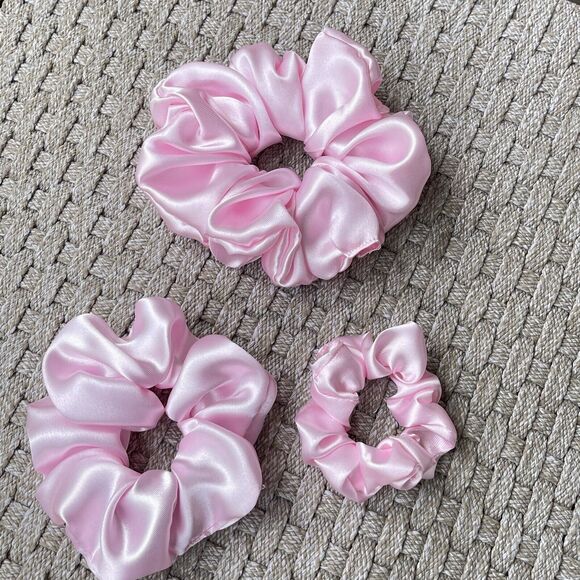 3 New Pink Satin Scrunchies Hair Tie XLarge, Large, Small Set - Picture 14 of 16